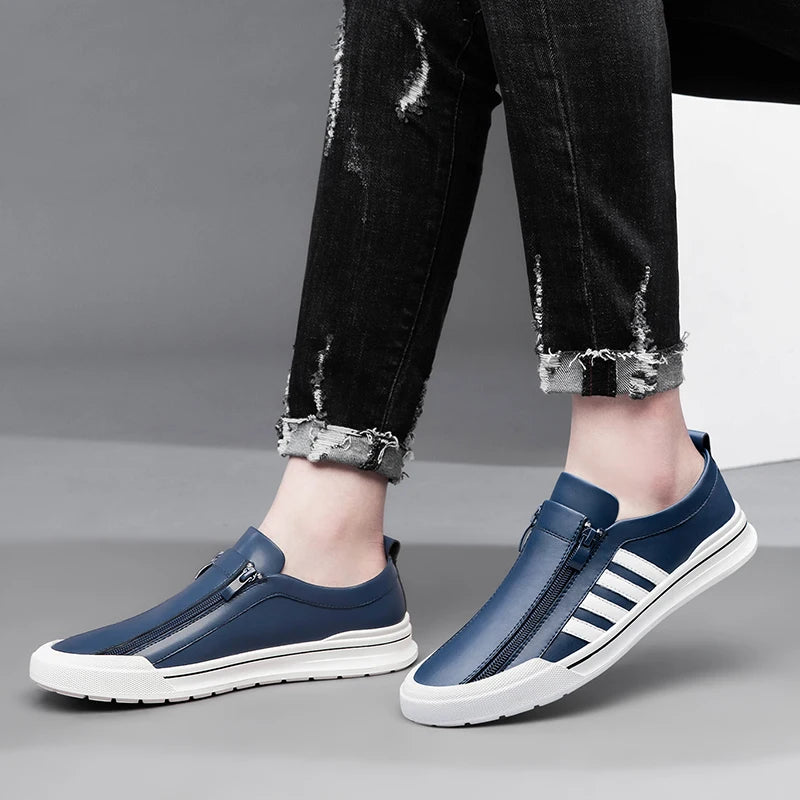 Men's Genuine Leather Zipper Flat Sneakers - Stylish Comfortable Casual Footwear