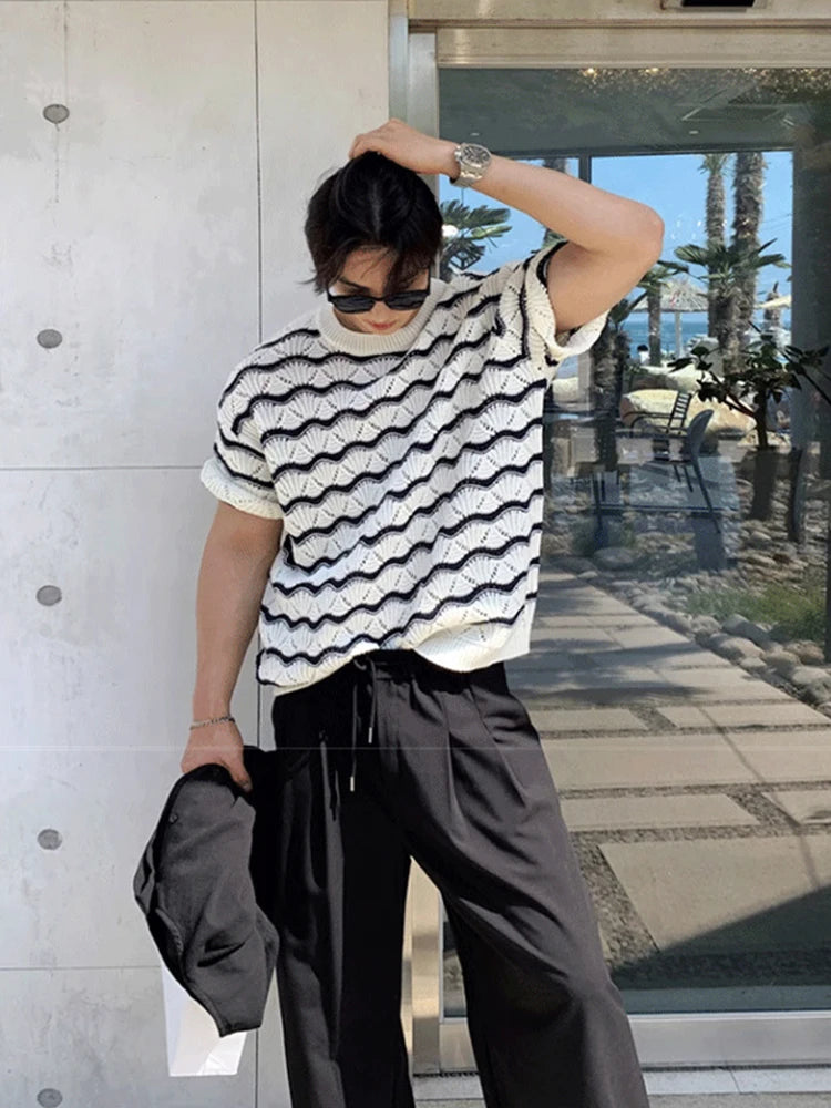 Men's Knit Jacquard Striped Hollow-Out Casual T-Shirt