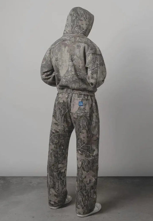 Oversized Camo Pattern Hooded Jacket and Elastic Waist Pants Set for Men