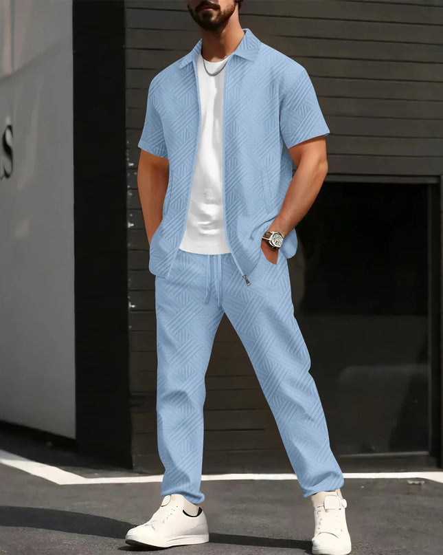 Men's Jacquard 2-Piece Short Sleeve Shirt and Pants Set with Turn-Down Collar and Zip Closure