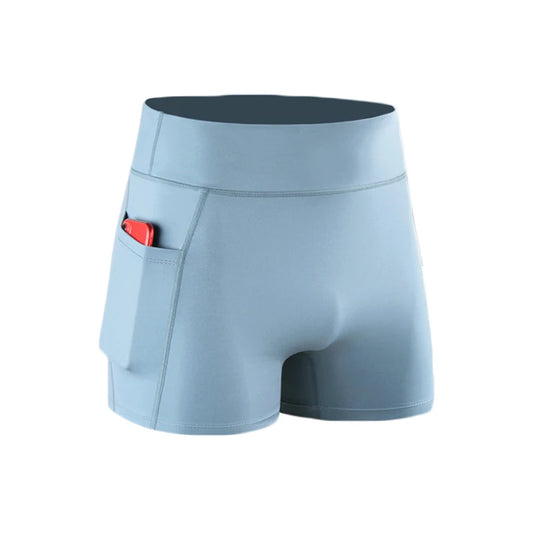 Light blue athletic shorts with a red pocket on a white background