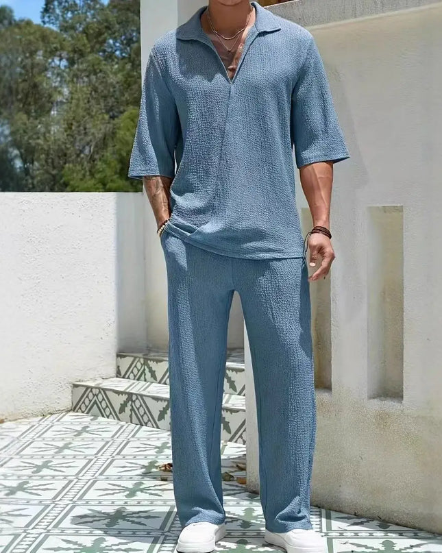 Men's Two-Piece Classic Shirt and Loose-Fit Pants Set.