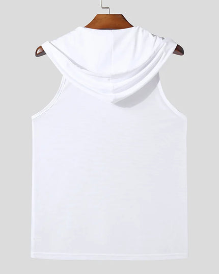 Men's Hooded Sport Tank Top with Transparent Design - Casual Drawstring Fitness Vest