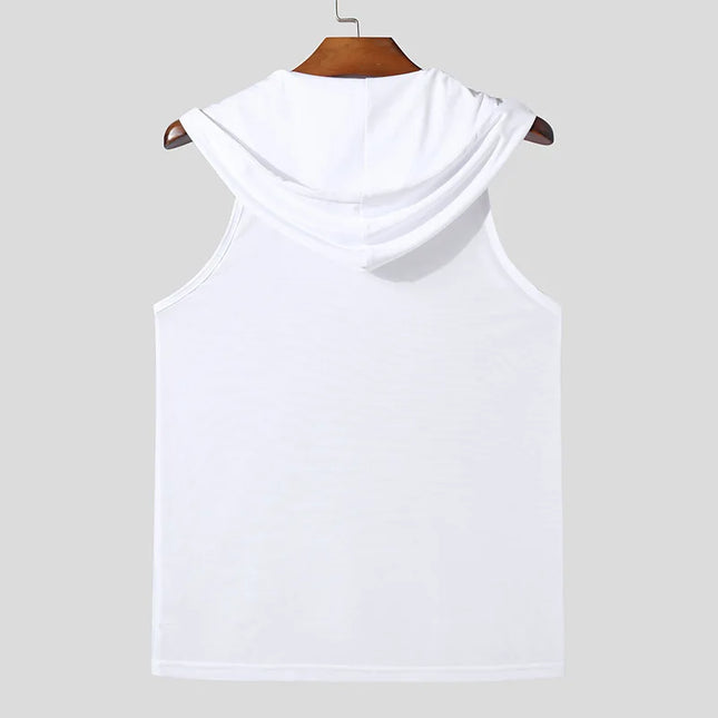 Men's Hooded Sport Tank Top with Transparent Design - Casual Drawstring Fitness Vest