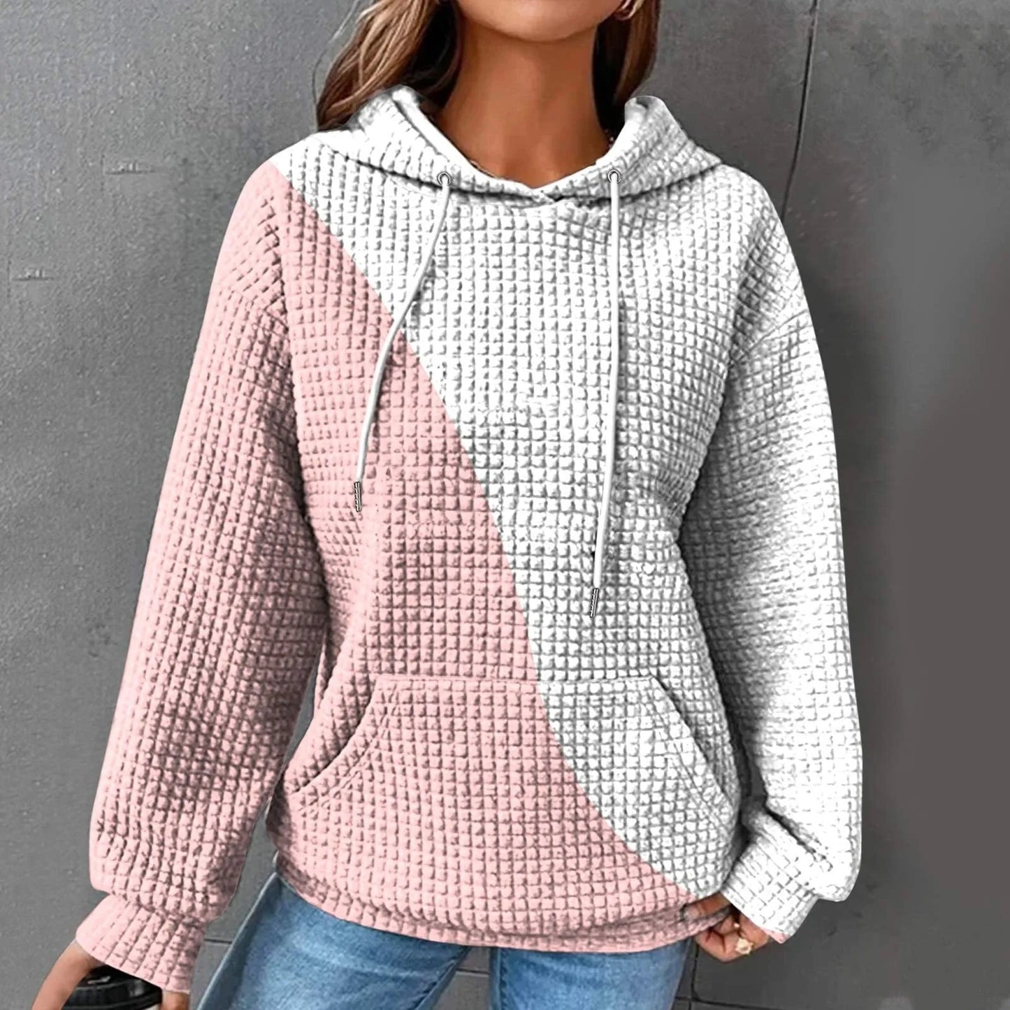 Oversized Women's Hoodie Sweatshirt with Waffle Knit