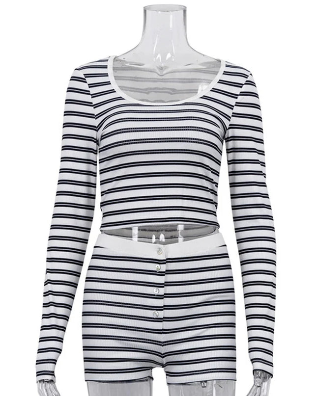 Women's Two-Piece Set: Long Sleeve Cropped Sweater and High-Waist Button-Front Slim Mini Shorts