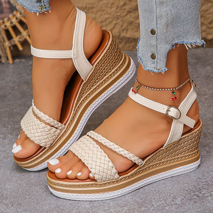 Women's Braided Wedge Sandals - Lightweight Platform Shoes with Buckle Strap