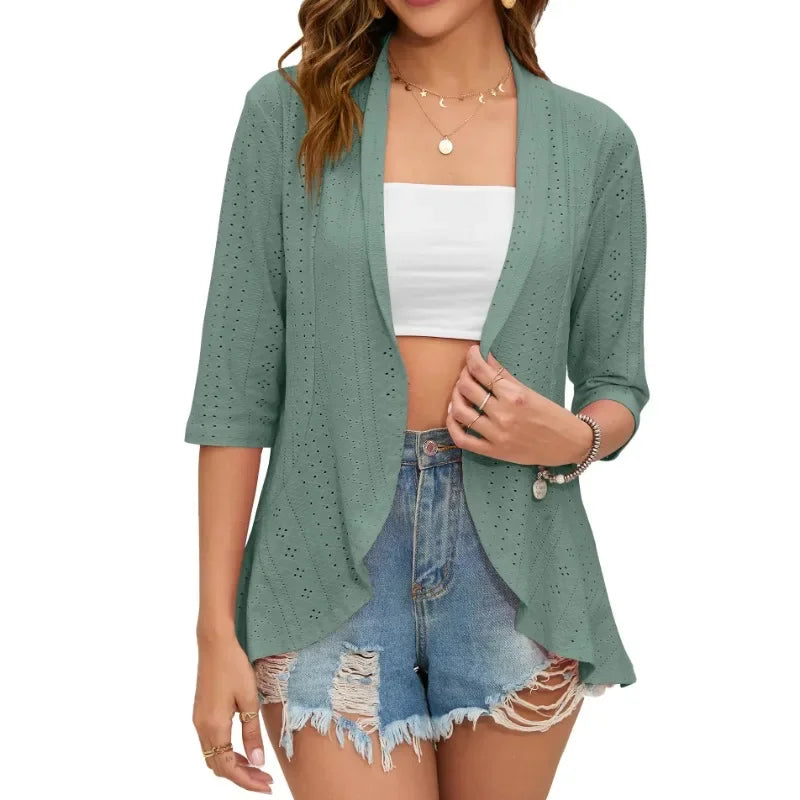 Elegant Women's Mid Sleeve Casual Cardigan with Soft, Loose Fit and Hollow Out Design