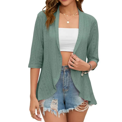 Elegant Women's Mid Sleeve Casual Cardigan with Soft, Loose Fit and Hollow Out Design