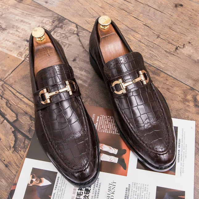 Metal Buckle Loafers Men's   Patent Leather Pointed-Toe Shoes Men's Loafers Slip-On