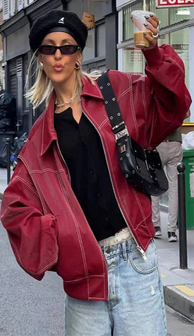 Women's Vintage Lapel Zipper Closure Loose Jacket