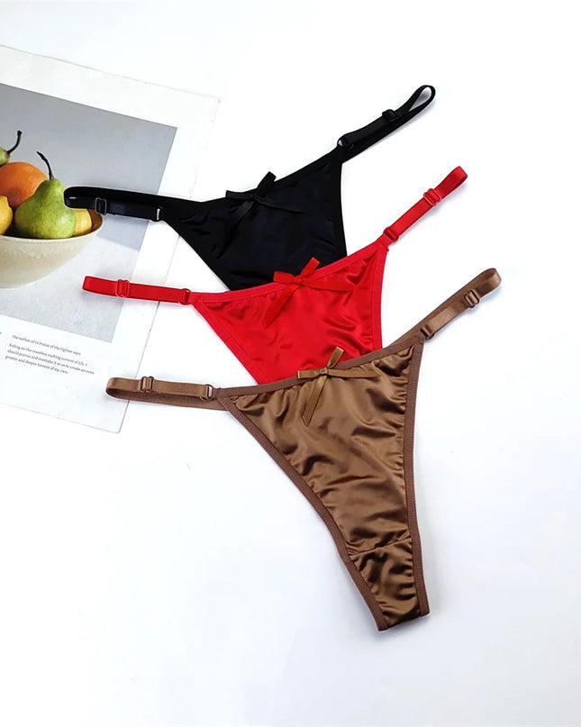 3-Piece Pink Satin Thong Set for Women - Adjustable Low Waist, Comfortable Silk Lace Underwear