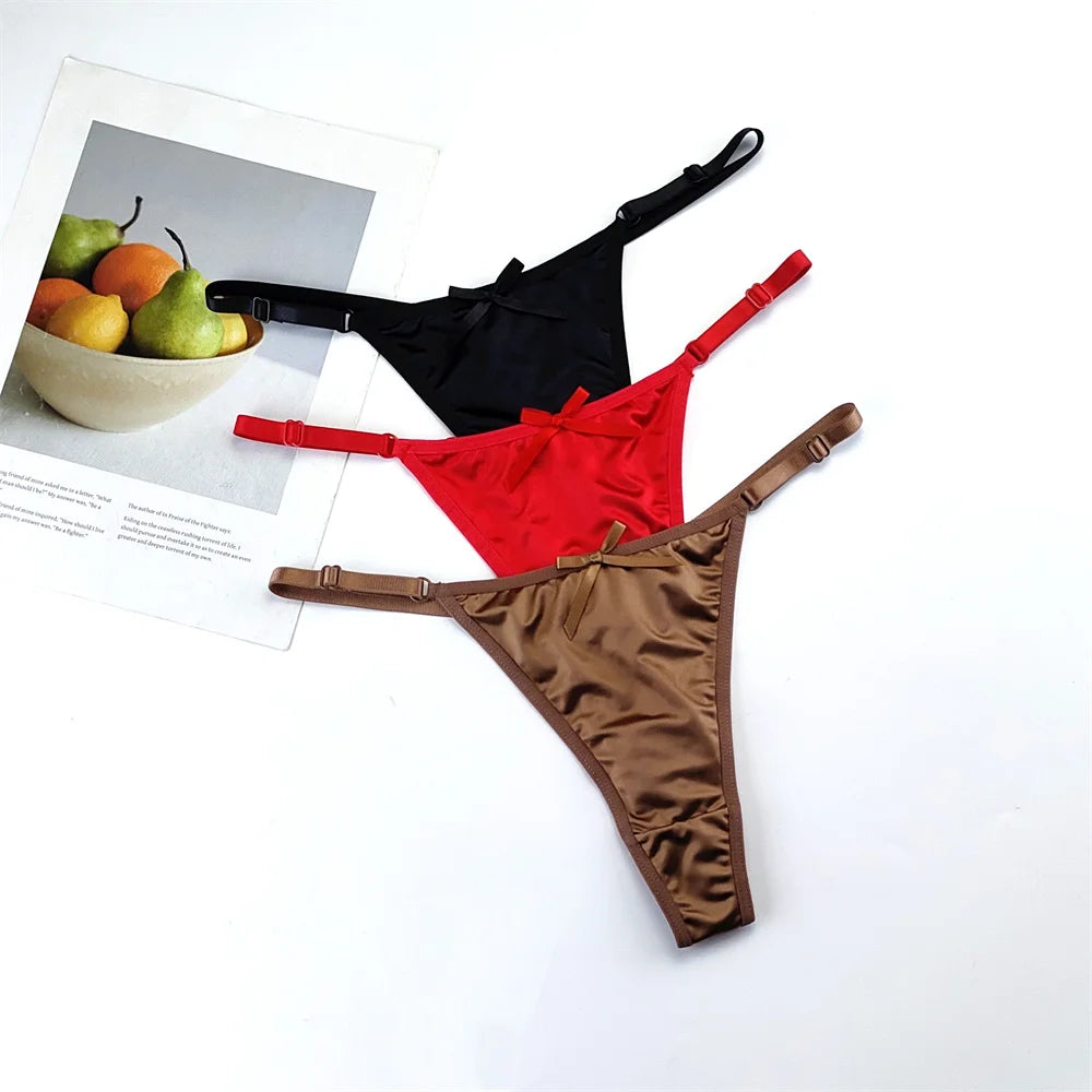 3-Piece Pink Satin Thong Set for Women - Adjustable Low Waist, Comfortable Silk Lace Underwear