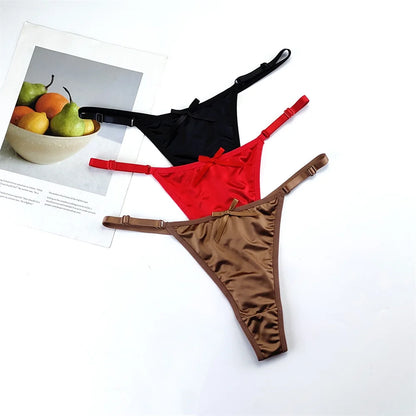 3-Piece Pink Satin Thong Set for Women - Adjustable Low Waist, Comfortable Silk Lace Underwear