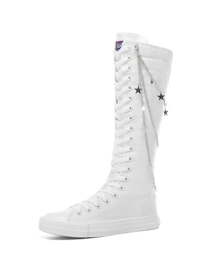 Women’s Knee-High Punk Knight Boots with Flat Sole - Metal Chain Detail - Cross-Tied Design