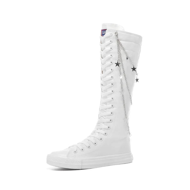 Women’s Knee-High Punk Knight Boots with Flat Sole - Metal Chain Detail - Cross-Tied Design