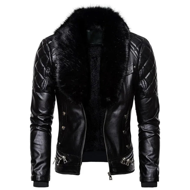 Men's Removable Collar Slim Fit Warm Faux Leather Jacket