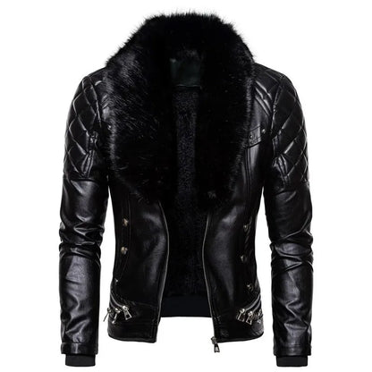 Men's Removable Collar Slim Fit Warm Faux Leather Jacket