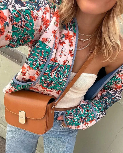 Women's Floral Print Quilted Loose Fit Jacket with Front Pockets