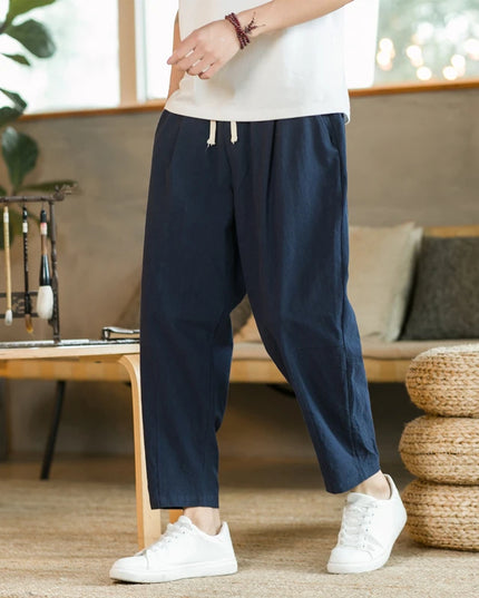 Men's Casual Loose Fit Cotton Trousers - Breathable Drawstring Pants