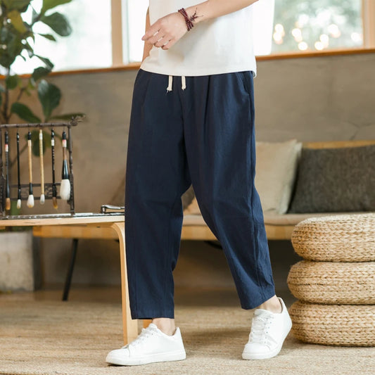 Men's Casual Loose Fit Cotton Trousers - Breathable Drawstring Pants