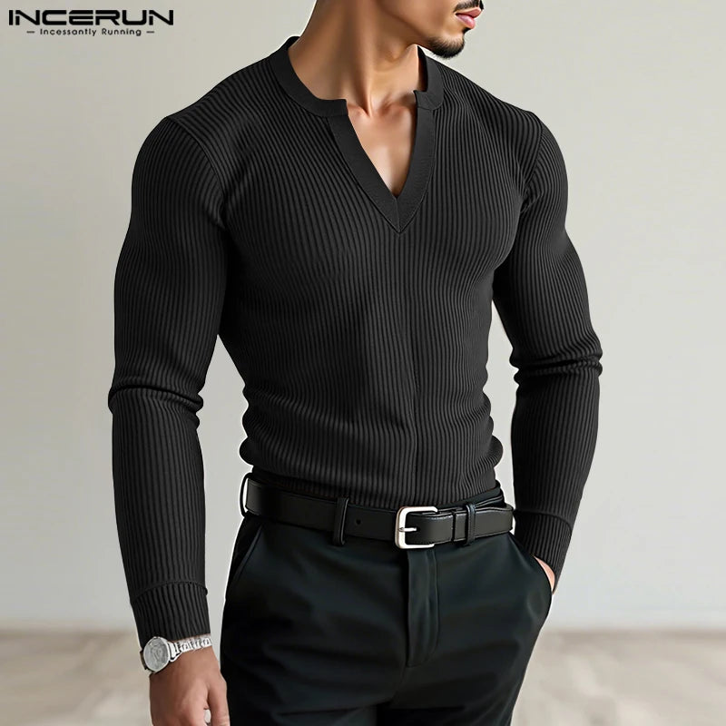 Incerun Men’s V-Neck Long Sleeve Knit Sweater – Stylish Warmth, Casual & Classic Fit