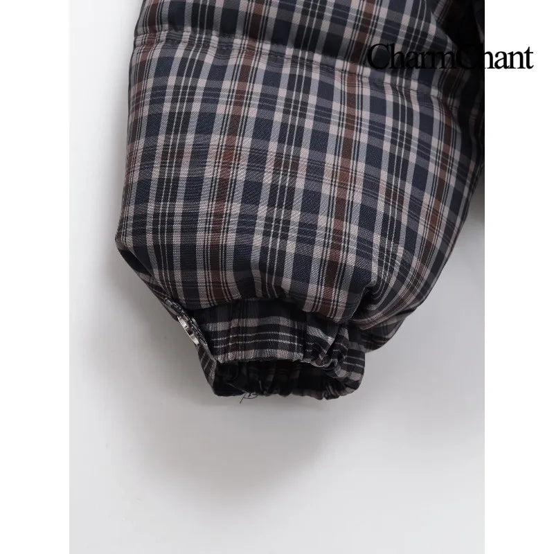 CharmChant Women's Stand-Collar Plaid Puffer Parka Jacket with Padding