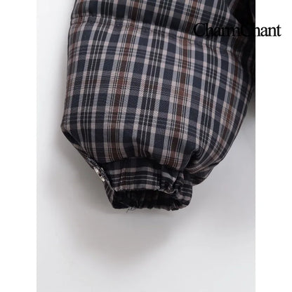 CharmChant Women's Stand-Collar Plaid Puffer Parka Jacket with Padding
