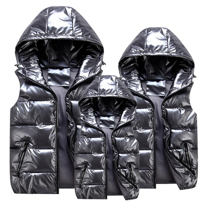 Men's Glossy Hooded Vest Jacket with Zipper Pockets - Classic Fit