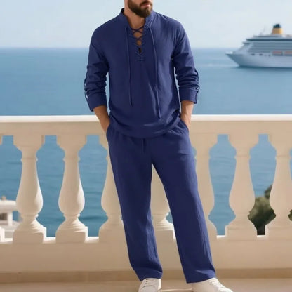 2-Piece Men's Cotton Linen Shirt and Pants Set