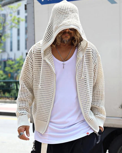 Men's Knitted Hooded Cardigan with Zipper, Hollow Out Design, Oversized Fit