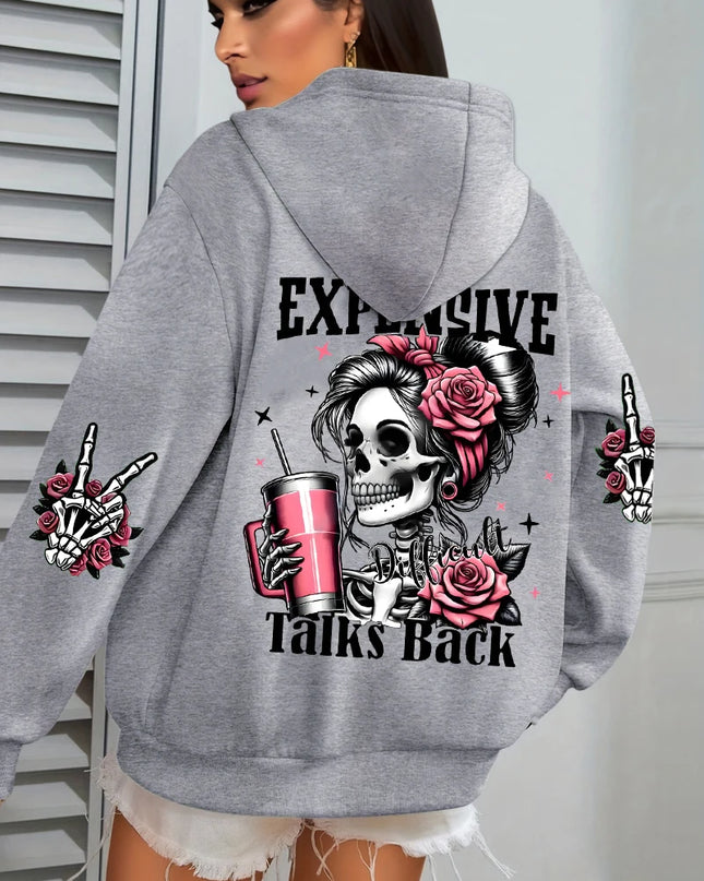 Women's "Expensive Talks Back" Printed Hoodie Sweater - Loose Fit