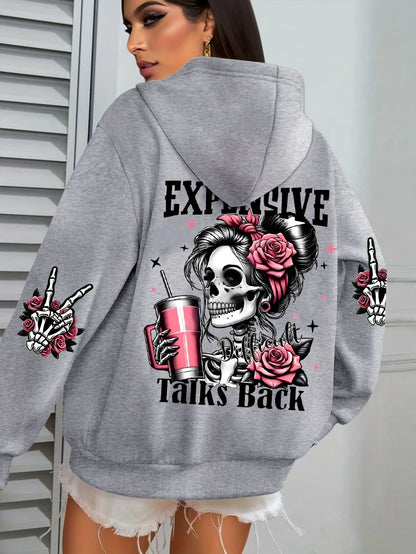 Women's "Expensive Talks Back" Printed Hoodie Sweater - Loose Fit