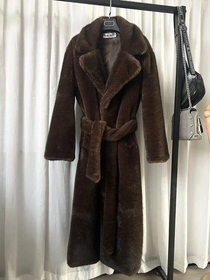 Women's Long Faux Fur Coat - Maxi Overcoat with Lace-Up Turn-Down Collar