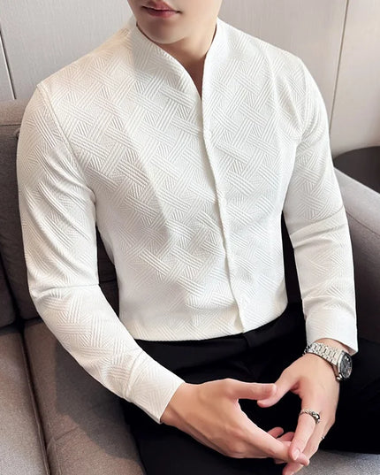 Men's V-Neck Long Sleeve Slim Fit Casual Shirt with Stand Collar
