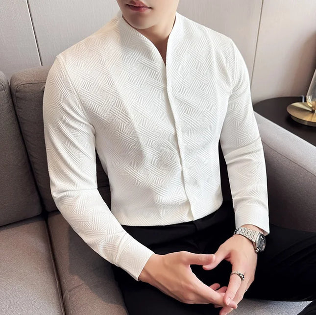 Men's V-Neck Long Sleeve Slim Fit Casual Shirt with Stand Collar
