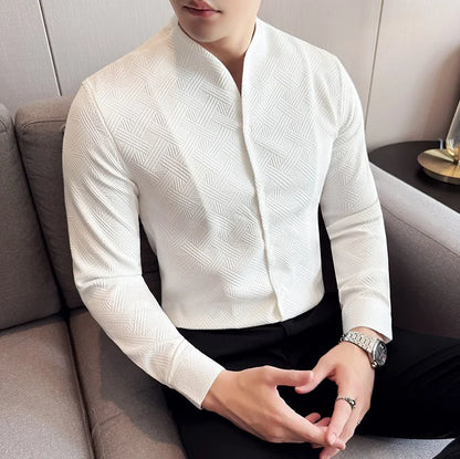 Men's V-Neck Long Sleeve Slim Fit Casual Shirt with Stand Collar