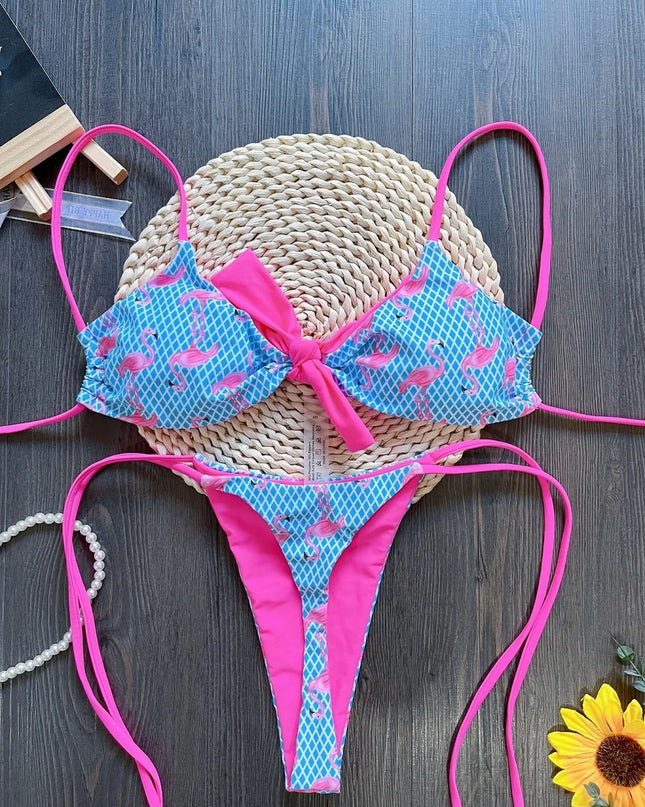 Women's Grid Flamingo Print Two-Piece Swimwear Set with Push-Up Thong Bikini