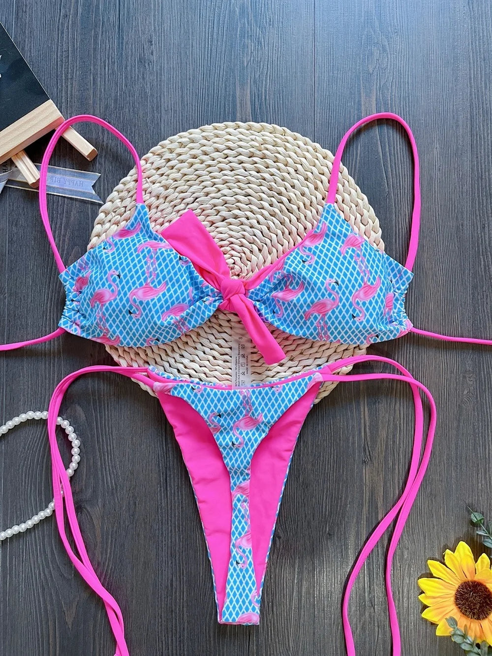 Women's Grid Flamingo Print Two-Piece Swimwear Set with Push-Up Thong Bikini
