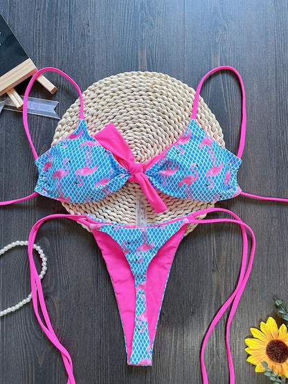 Women's Grid Flamingo Print Two-Piece Swimwear Set with Push-Up Thong Bikini