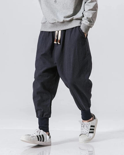 Men's Cotton Linen Harem Pants - Solid Elastic Waist Joggers - Various Colors