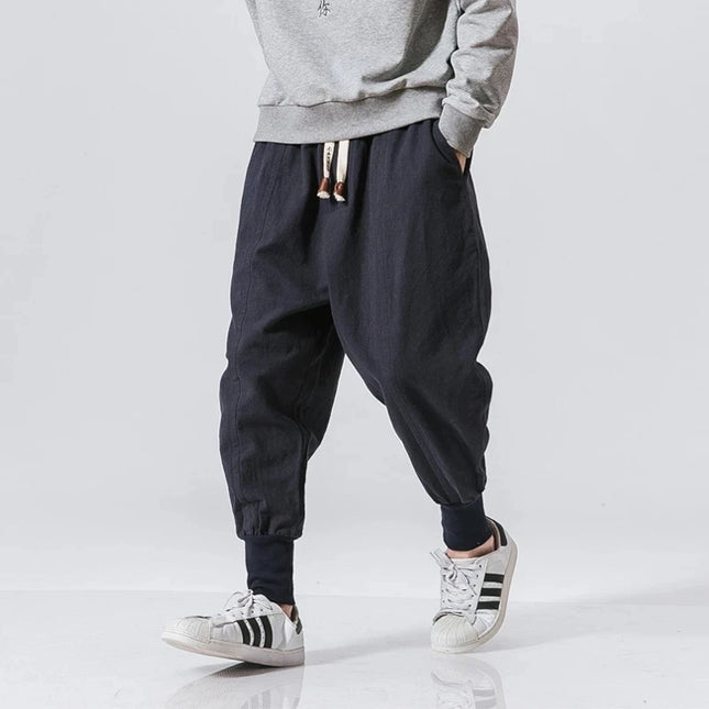 Men's Cotton Linen Harem Pants - Solid Elastic Waist Joggers - Various Colors
