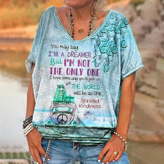 Women's Letter Print V-Neck T-Shirt - Short Sleeve Loose Fit - Various Colors