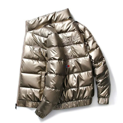 Men's Glossy Thickened Parka Jacket with Stand Collar