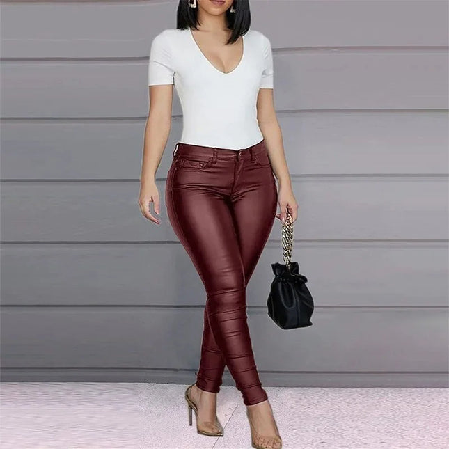 Women’s High-Waist Solid PU Leather Skinny Pants - Slim Fit & Stretch