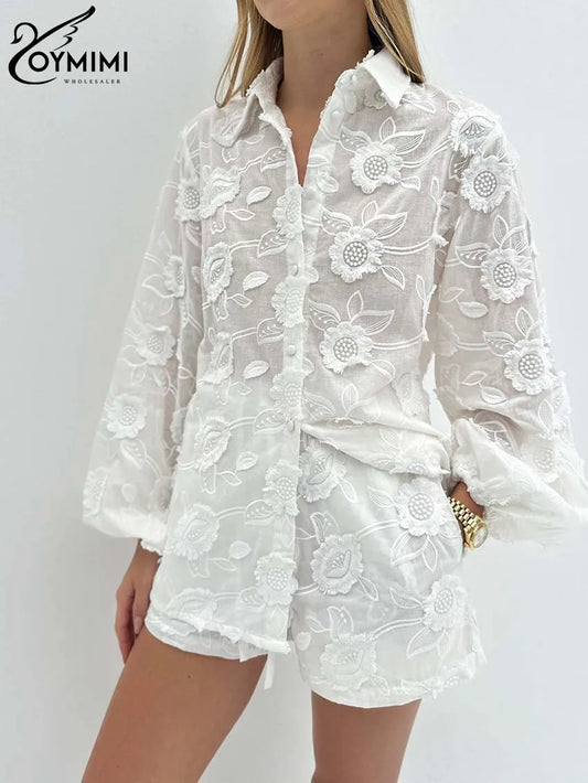 Women's White Cotton 2-Piece Set: Button Sleeve Shirt & High-Waist Shorts