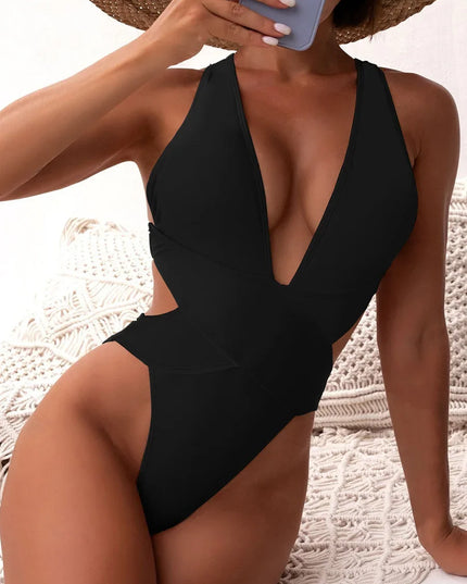 Women's Deep V Neck Cross Backless One-Piece Swimsuit - High Cut, Stylish & Flattering Swimwear