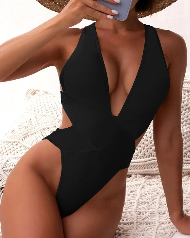 Women's Deep V Neck Cross Backless One-Piece Swimsuit - High Cut, Stylish & Flattering Swimwear