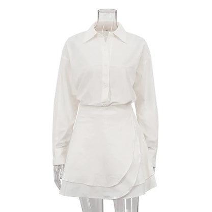 Elegant Women's Two-Piece Set – Long Sleeve Button Shirt & High-Waisted Lace-Up Mini Skirt