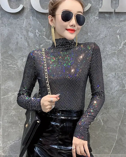Shiny Sequin Turtleneck Sweater for Women - Long Sleeve Slim Fit Sequin Top